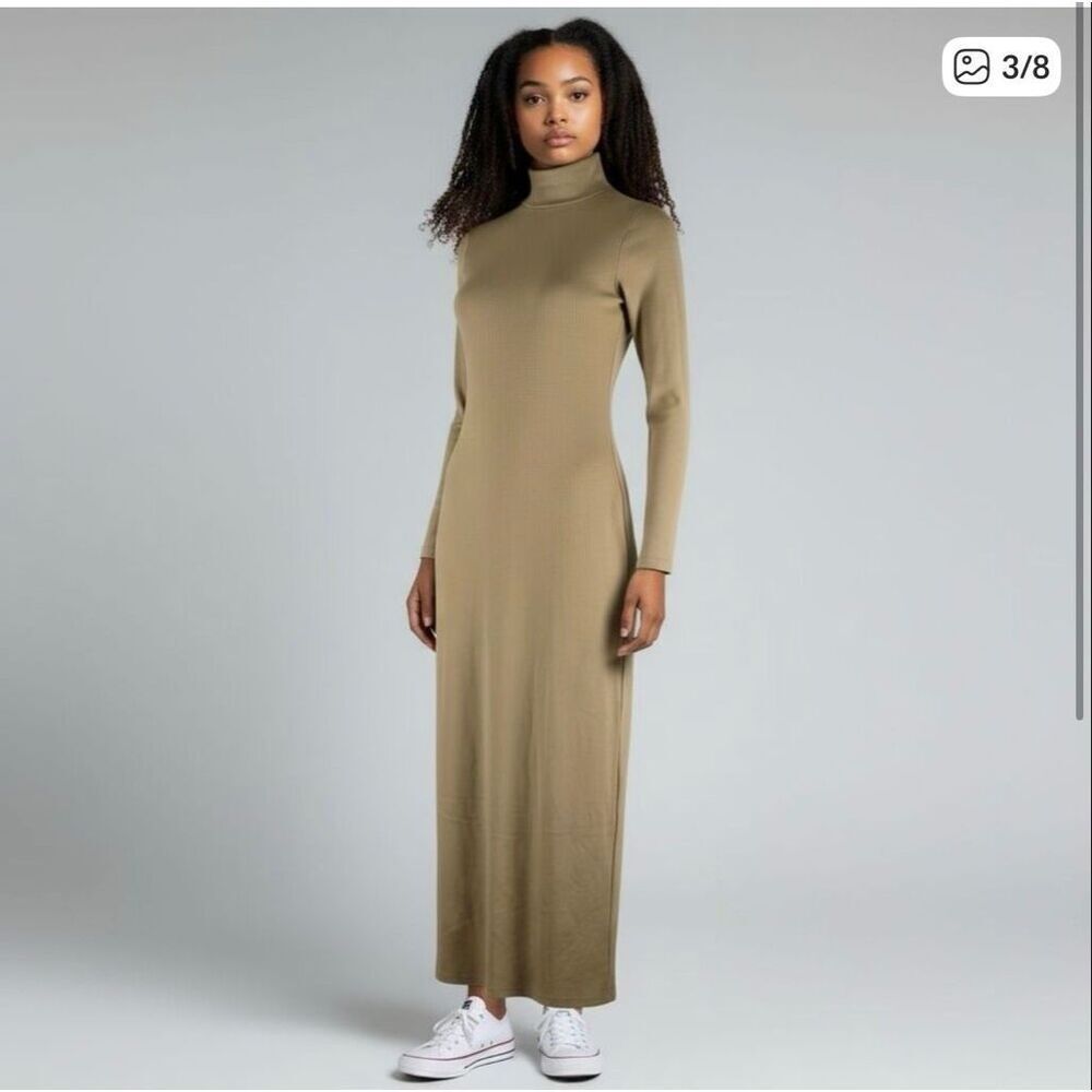 AG Adriano Goldschmied Women’s Tan Ribbed Cotton Turtleneck Midi Dress Small m5